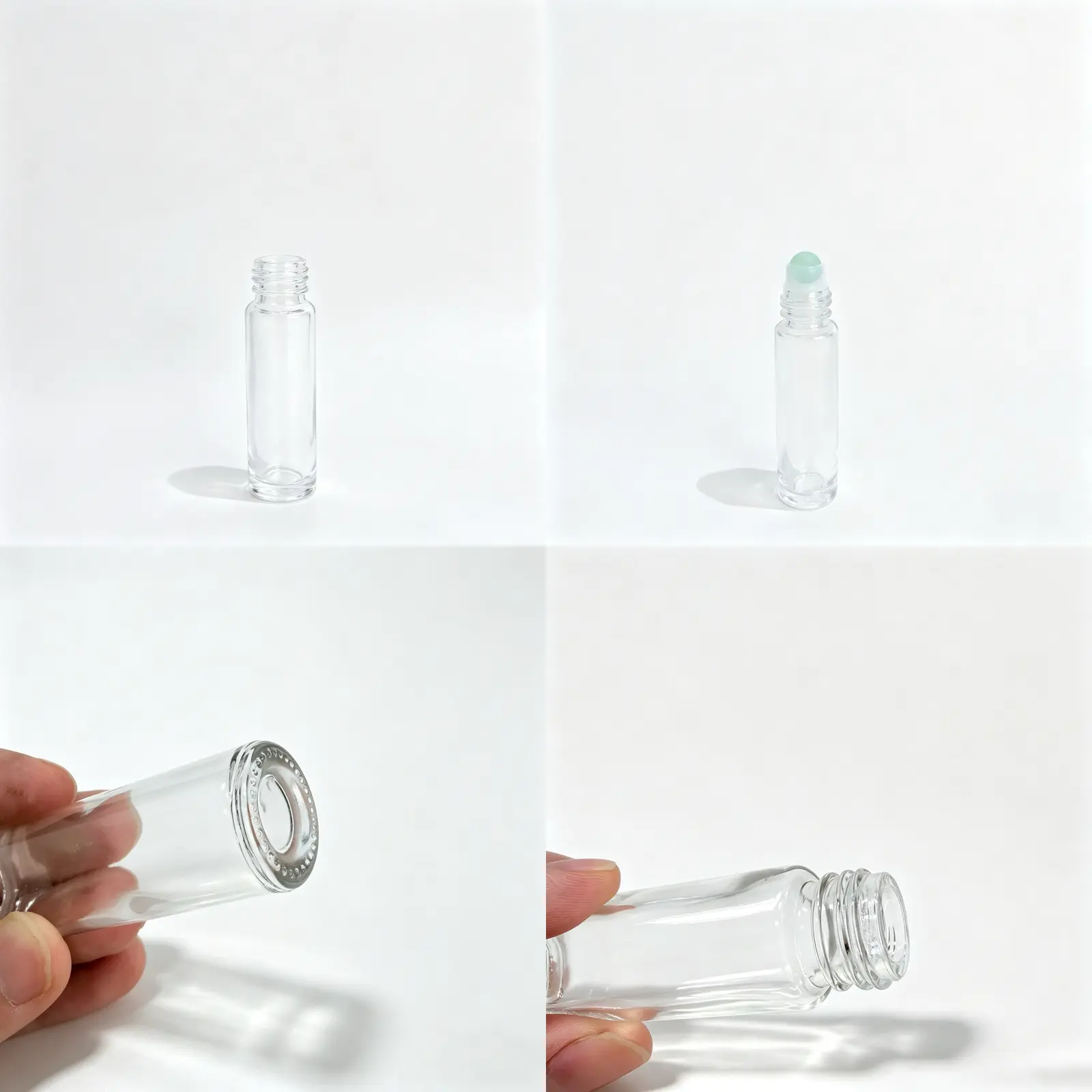 10ml Clear Glass Roll On Perfume Bottle Component Detail Views 10ml clear glass roller ball perfume bottle component views showing bottle roller applicator and gold cap structure
