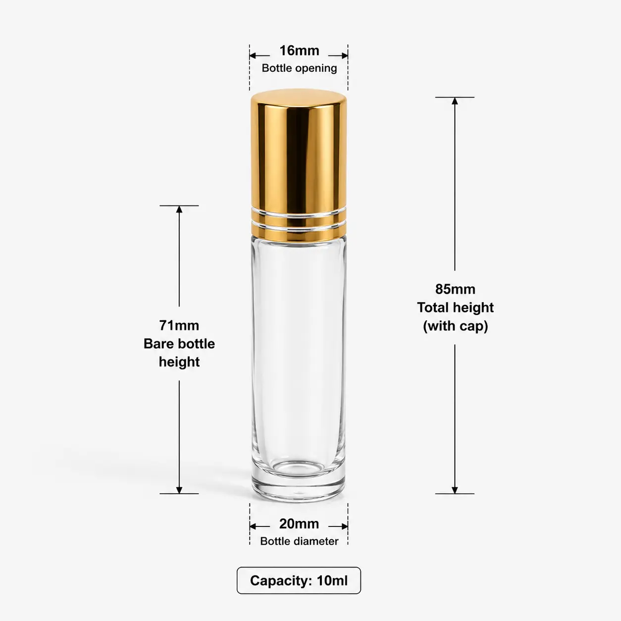 10ml Clear Glass Roll On Perfume Bottle Dimensions and Capacity 10ml clear glass roller ball perfume bottle dimension view showing 16 mm width 85 mm capped height 71 mm bottle height and 10ml capacity