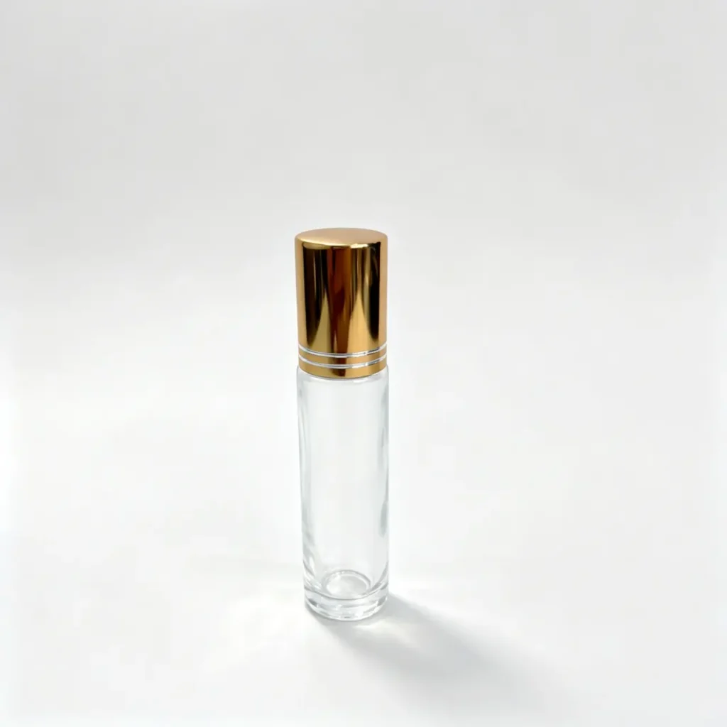 10ml clear glass roll on perfume bottle shown upright with a gold anodized aluminum cap and slim transparent bottle body