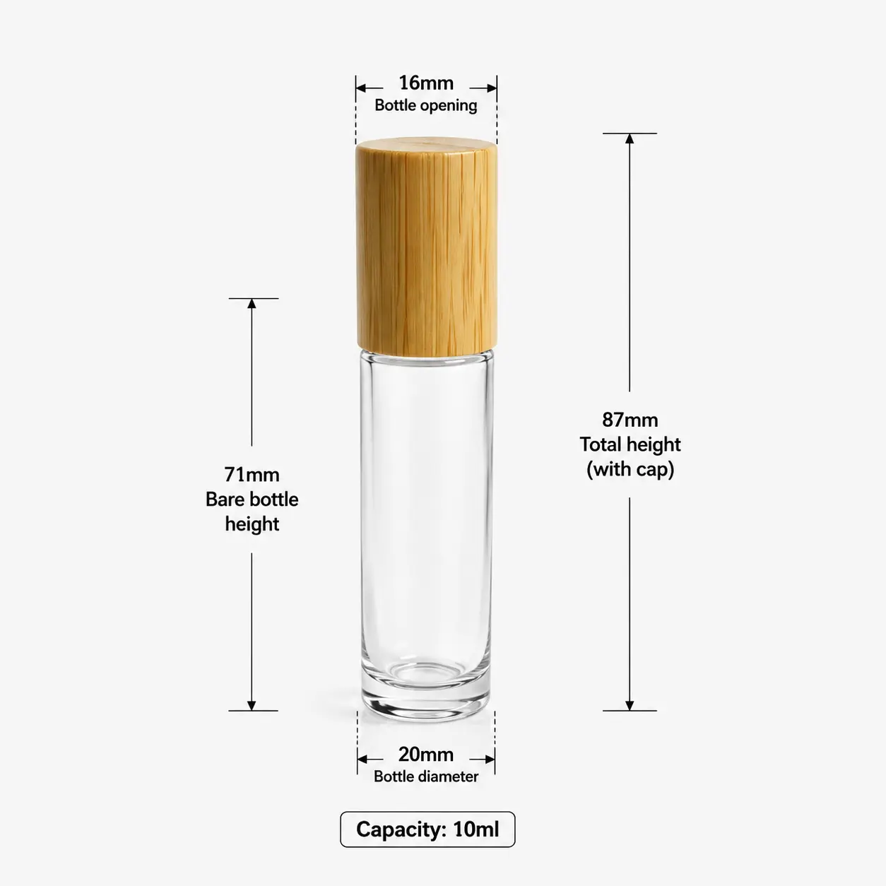 10ml clear glass roller ball perfume bottle dimension diagram showing 16 mm width 87 mm capped height 71 mm bottle height and 10ml capacity
