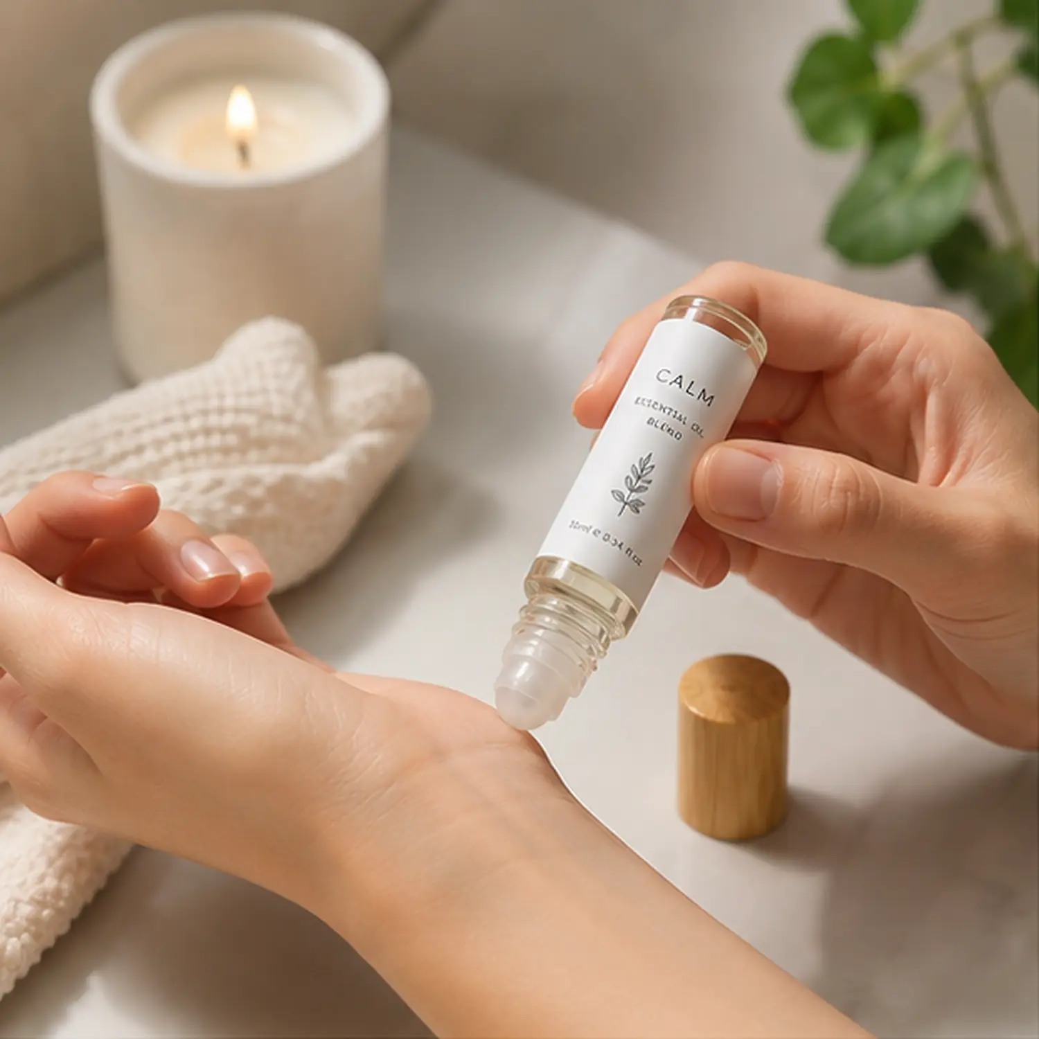 10ml clear glass roller ball perfume bottle being applied by hand with the roll-on applicator exposed