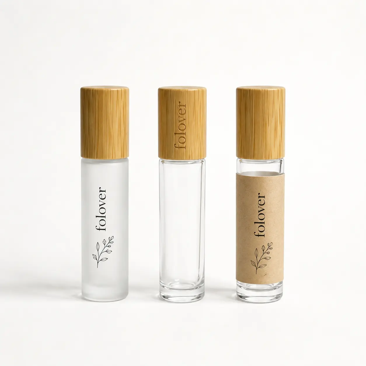 10ml clear glass roller ball perfume bottle with wooden cap displayed with custom logo decoration examples