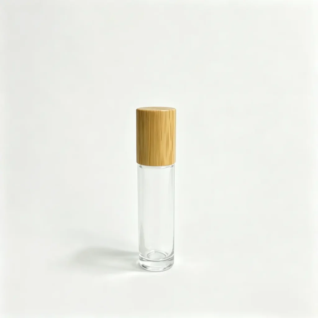 10ml clear glass roller ball perfume bottle shown upright with a wooden cap and slim transparent bottle body