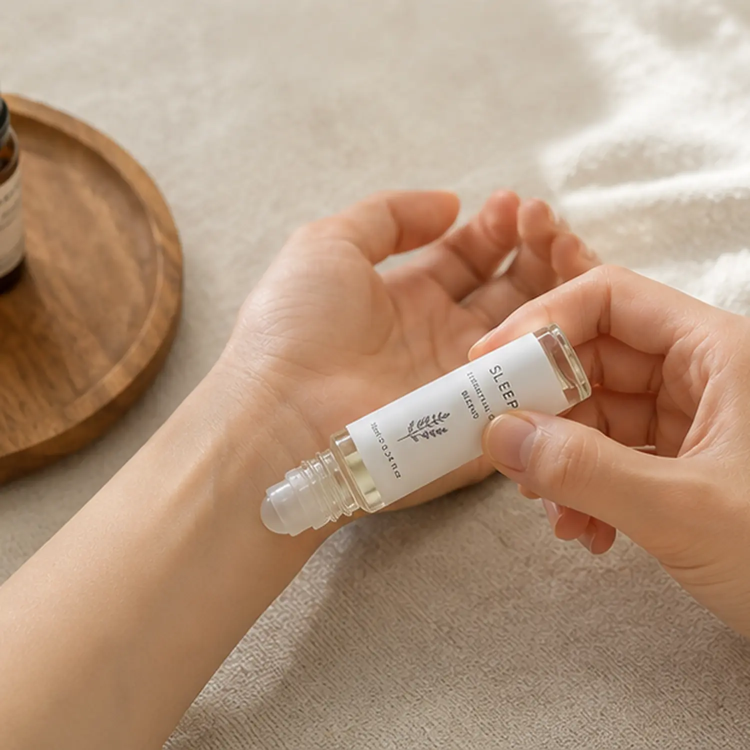 10ml clear glass roller ball perfume bottle being applied directly to the wrist