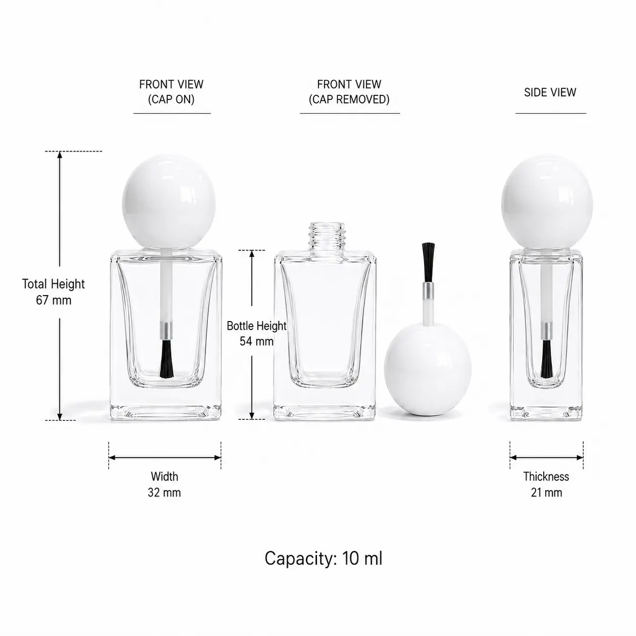 10ml custom nail polish bottle dimensions showing 32 mm bottom width, 21 mm thickness, 67 mm total height and 54 mm bottle height without cap