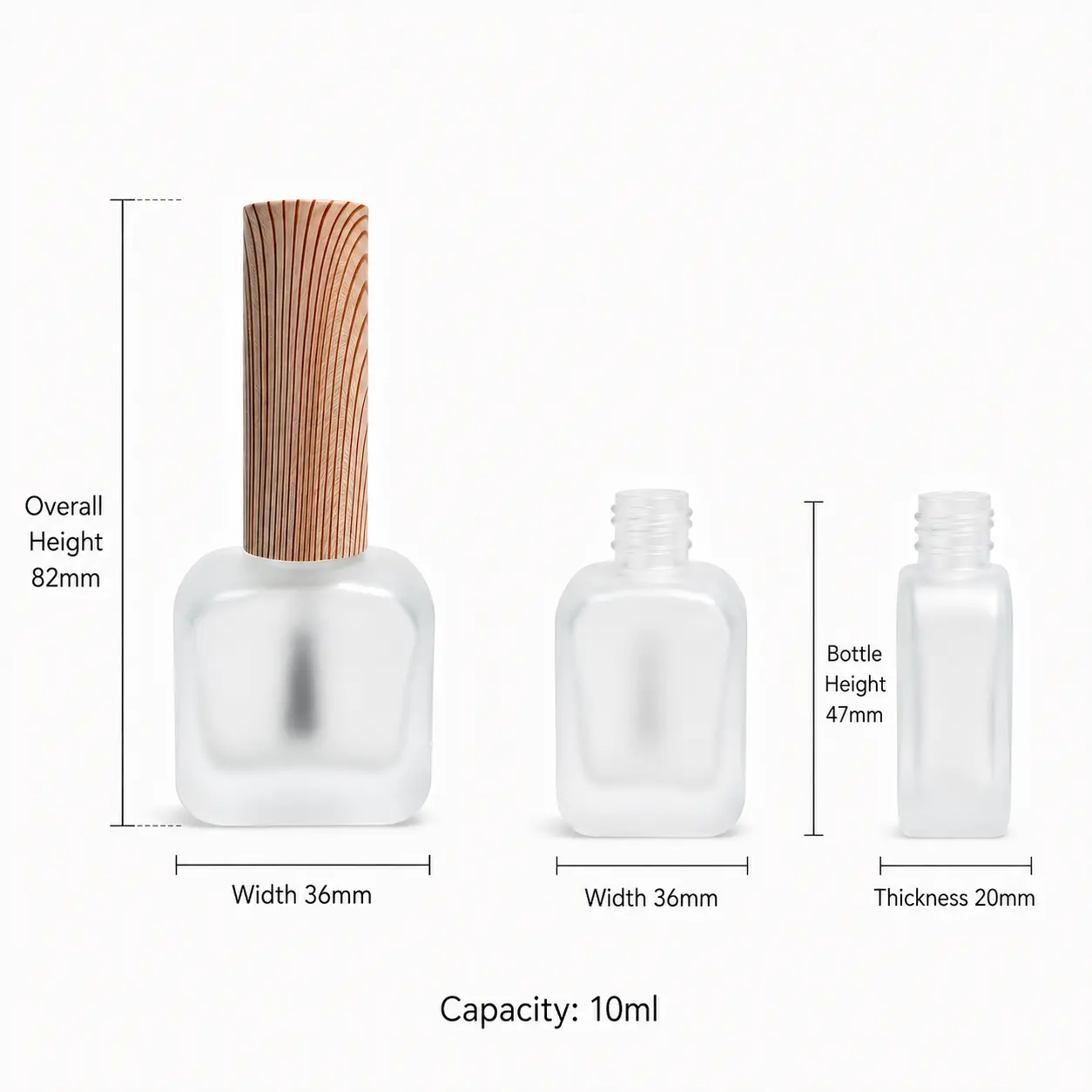 10ml Custom Printed Nail Polish Bottle Dimensions and Capacity 10ml custom printed nail polish bottle dimensions showing 82 mm capped height, 36 mm width, 20 mm thickness and 47 mm bottle height without cap