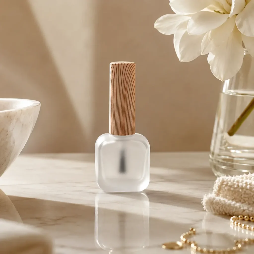 10ml custom printed nail polish bottle displayed in a styled product packaging scene.