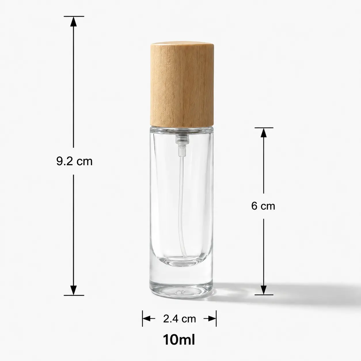 10ml Cylindrical Glass Perfume Bottle Dimensions and Capacity 10ml cylindrical glass perfume bottle dimensions showing 24 mm width 24 mm depth and 92 mm overall height with cap