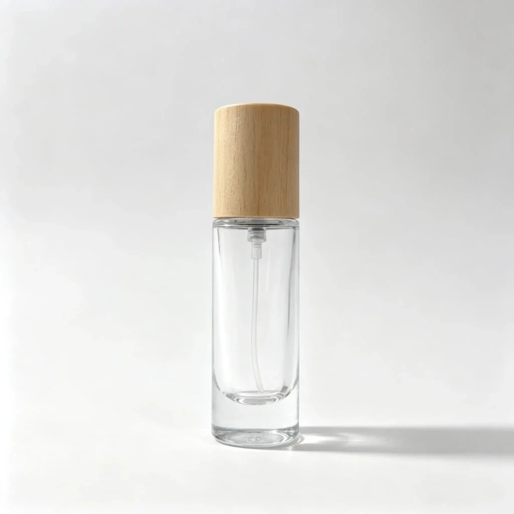 10ml cylindrical glass perfume bottle shown in complete front view with crimp sprayer and outer cap