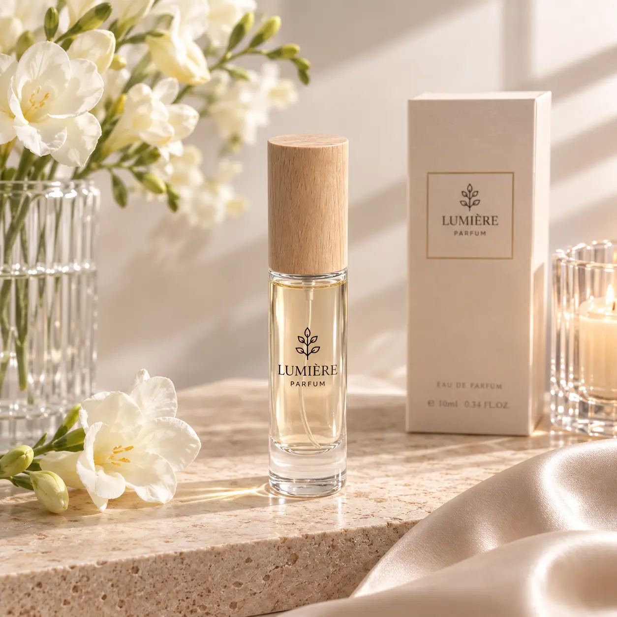 10ml Cylindrical Glass Perfume Bottle Packaging Scene 10ml cylindrical glass perfume bottle displayed in a mini fragrance packaging scene with its complete closure combination