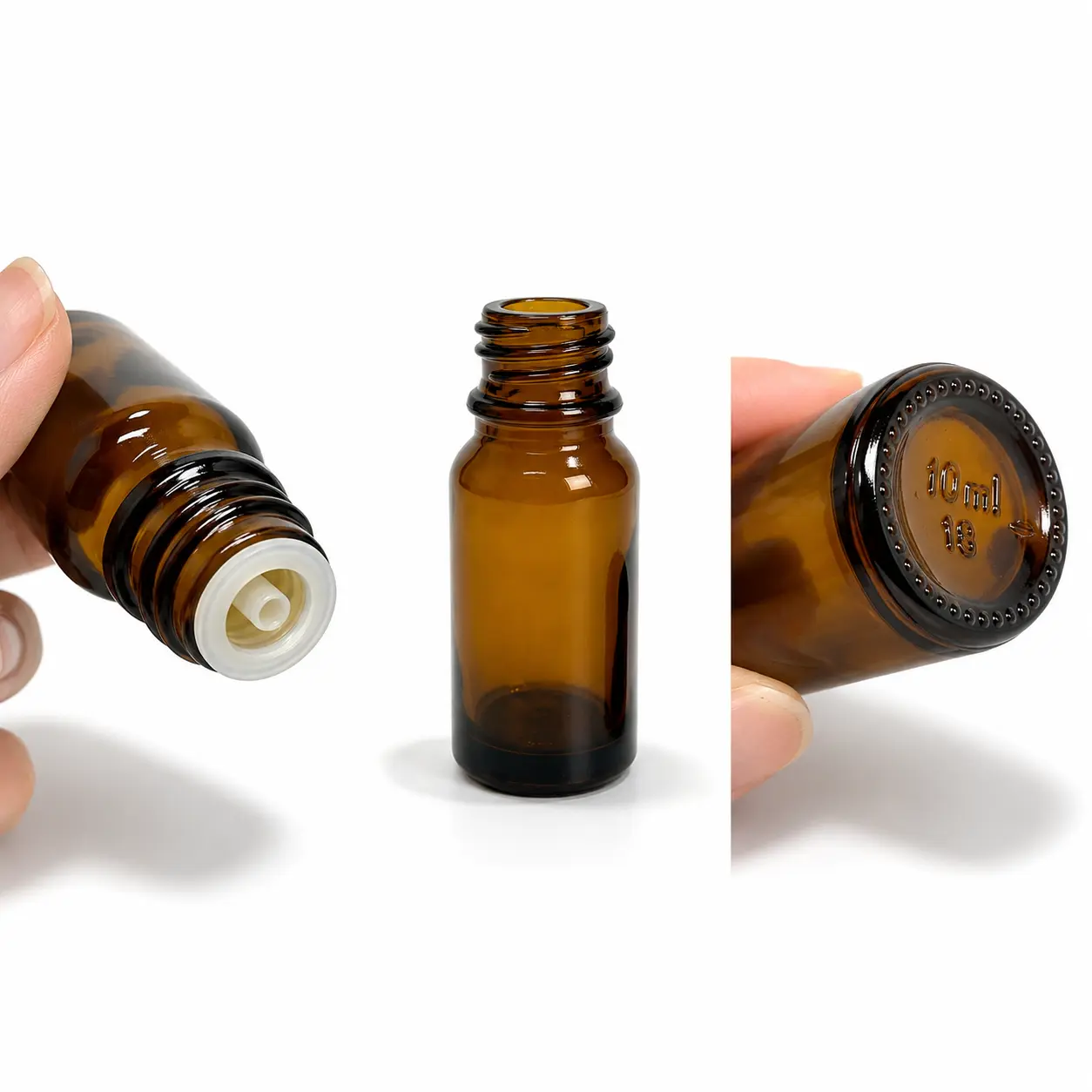 Three detailed views of the 10ml Euro dropper essential oil bottle showing the bottle body, neck, base and closure components