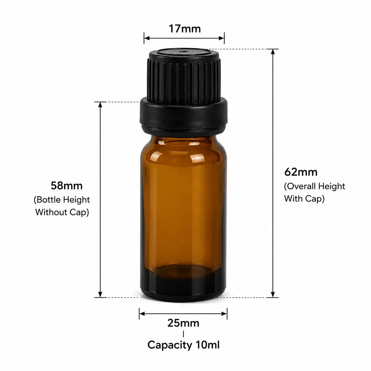 10ml Euro dropper essential oil bottle dimension diagram showing 25 × 25 × 62 mm with cap and 58 mm bottle height without cap