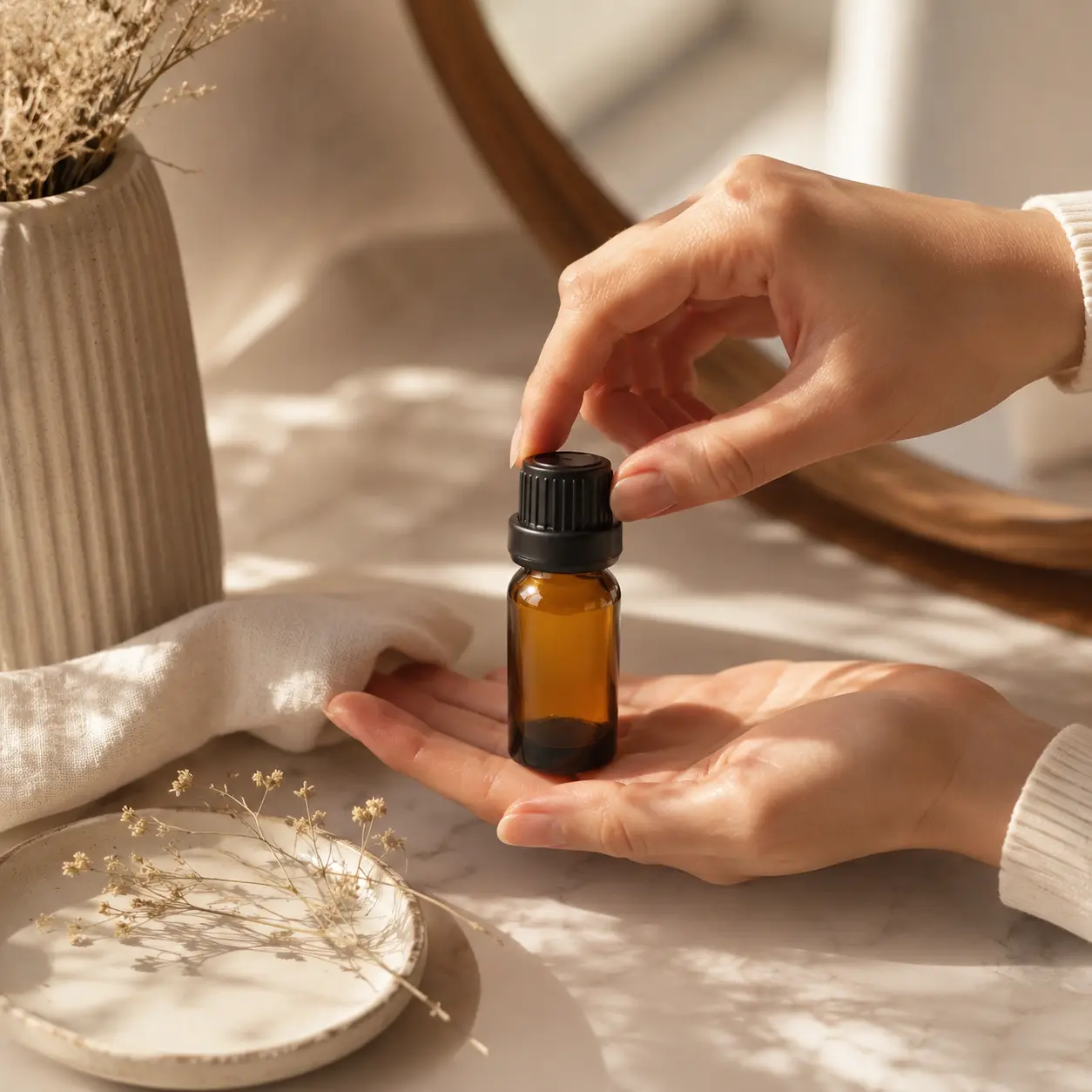 10ml Euro dropper essential oil bottle held in both hands in an essential oil application setting