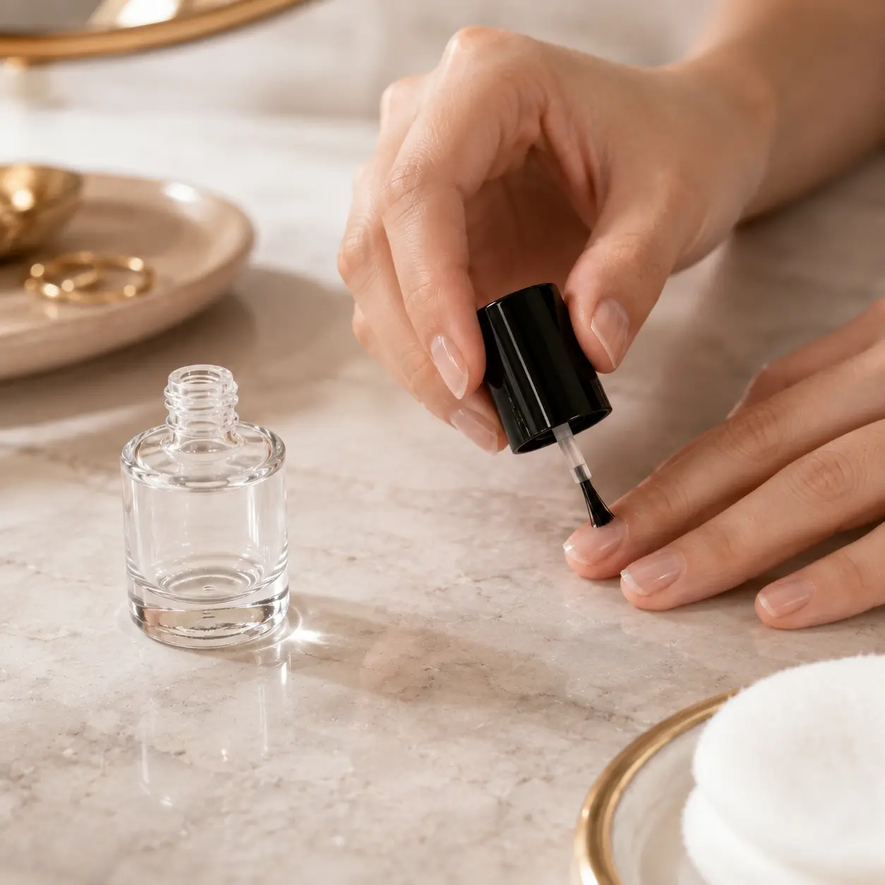 10ml Glass Gel Nail Polish Bottle Application Scene 10ml glass gel nail polish bottle shown in a nail product application setting with the complete bottle and cap