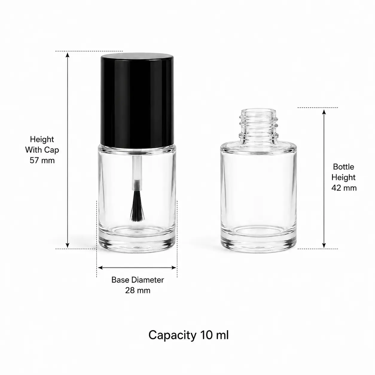 10ml Glass Gel Nail Polish Bottle Dimensions and Capacity 10ml glass gel nail polish bottle dimensions showing 28 mm diameter, 57 mm total height and 42 mm bottle height without cap