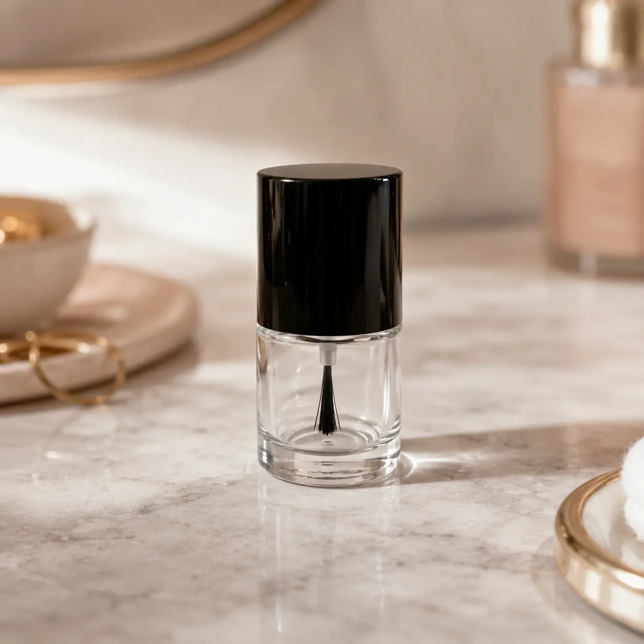 10ml Glass Gel Nail Polish Bottle Front Scene 10ml glass gel nail polish bottle with cap displayed upright in a clean product presentation scene