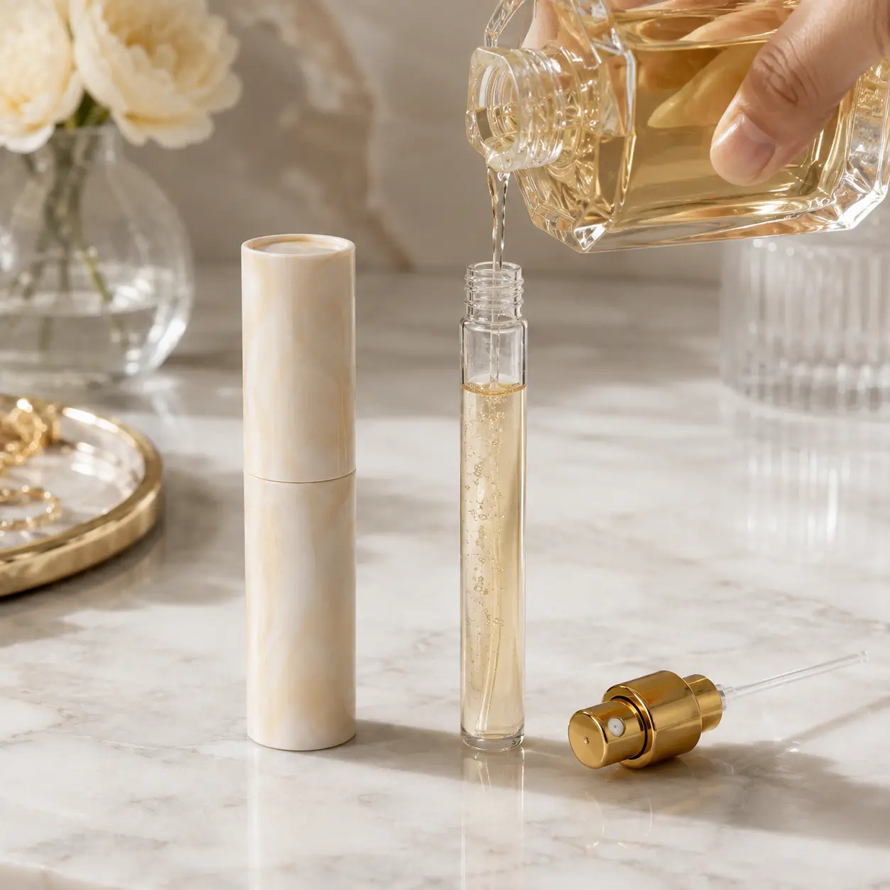 10ml Marble Pattern Travel Perfume Atomizer Application Scene 10ml marble pattern travel perfume atomizer displayed for portable fragrance packaging use