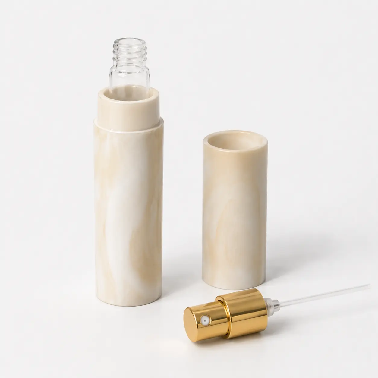 10ml Marble Pattern Travel Perfume Atomizer Components 10ml travel perfume atomizer showing assembled shell and glass bottle with cap and sprayer beside it