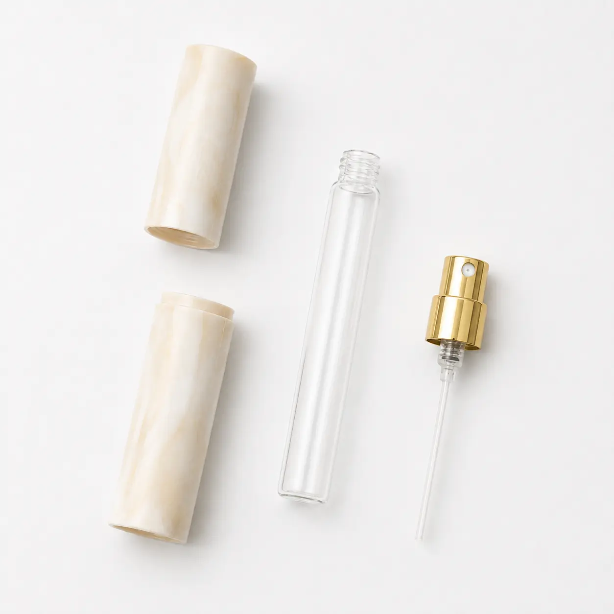 10ml Marble Pattern Travel Perfume Atomizer Disassembled Structure 10ml marble pattern travel perfume atomizer separated into outer shell glass inner bottle and aluminum sprayer