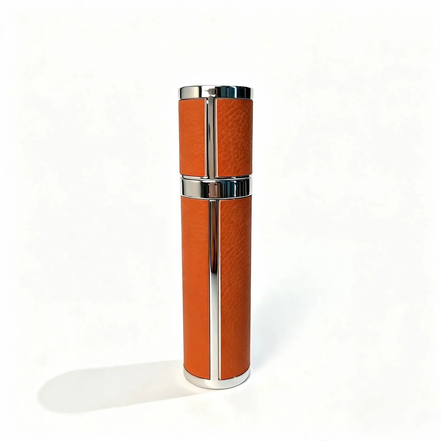 10ml Portable Perfume Atomizer Front View 10ml travel perfume atomizer shown in complete front view with ABS outer shell leather grain trim and aluminum sprayer