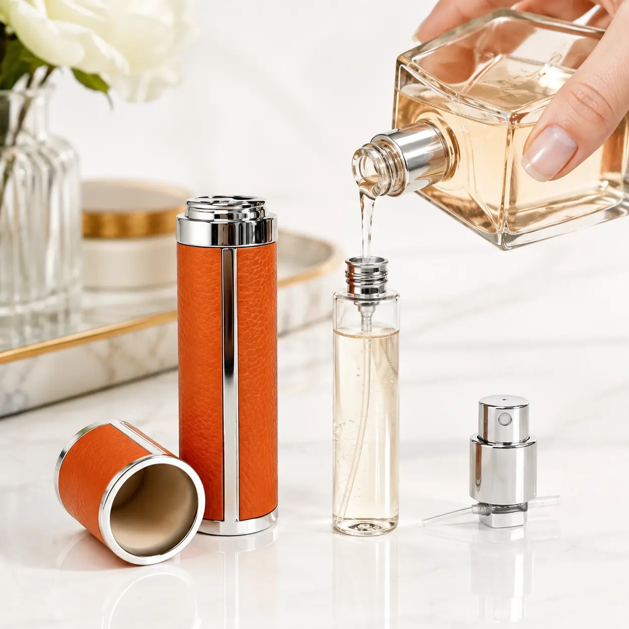 10ml Portable Perfume Atomizer Packaging Scene 10ml travel perfume atomizer displayed in a portable fragrance packaging scene with its leather grain trimmed outer shell