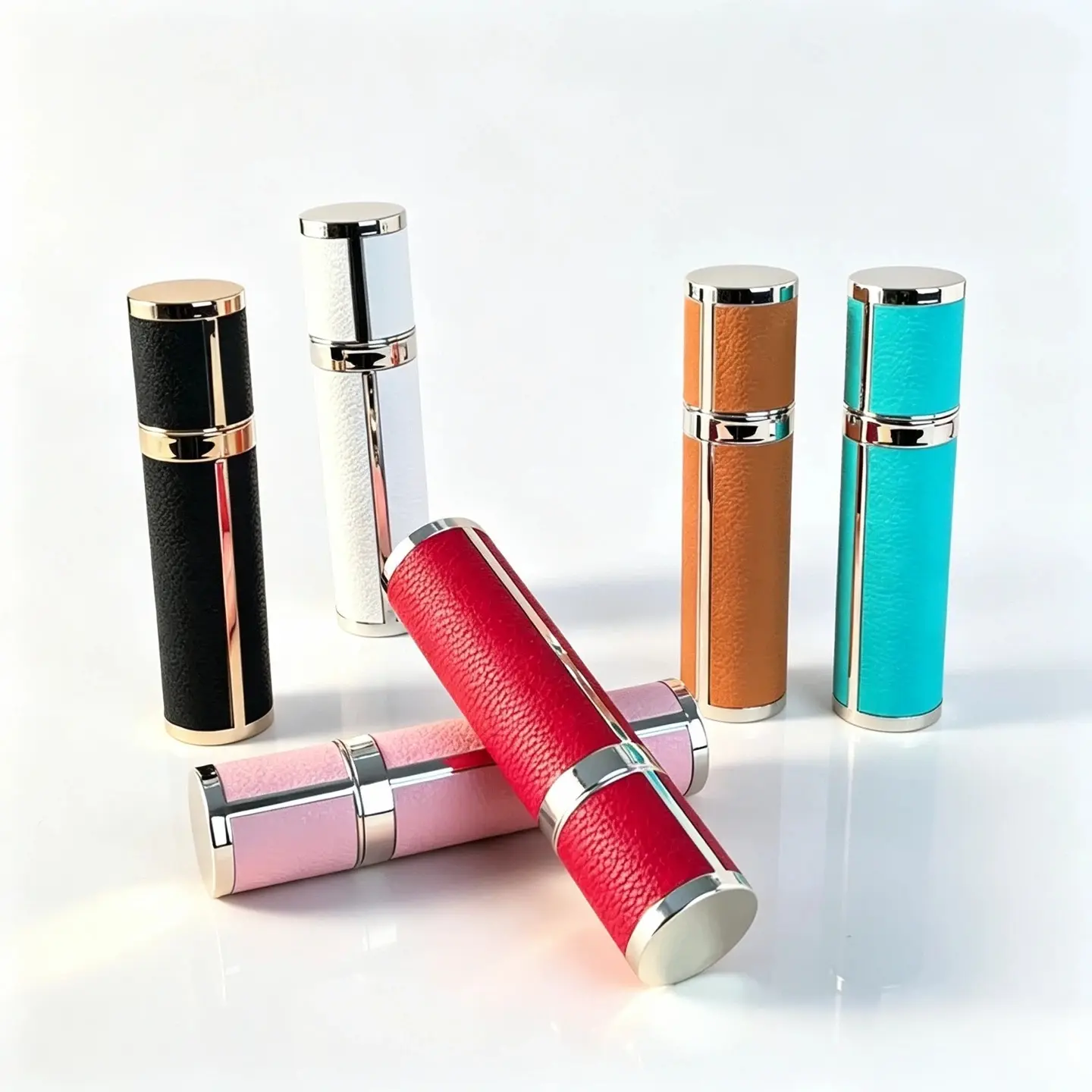 10ml Travel Perfume Atomizer Color Options 10ml travel perfume atomizers displayed in different available color combinations with matching outer shells and trim details