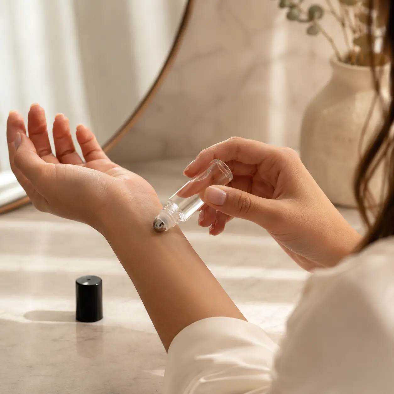 10ml Clear Glass Roll On Perfume Bottle Hand Application 10ml clear glass empty roll on perfume bottle being used by hand with the roller ball exposed for direct application