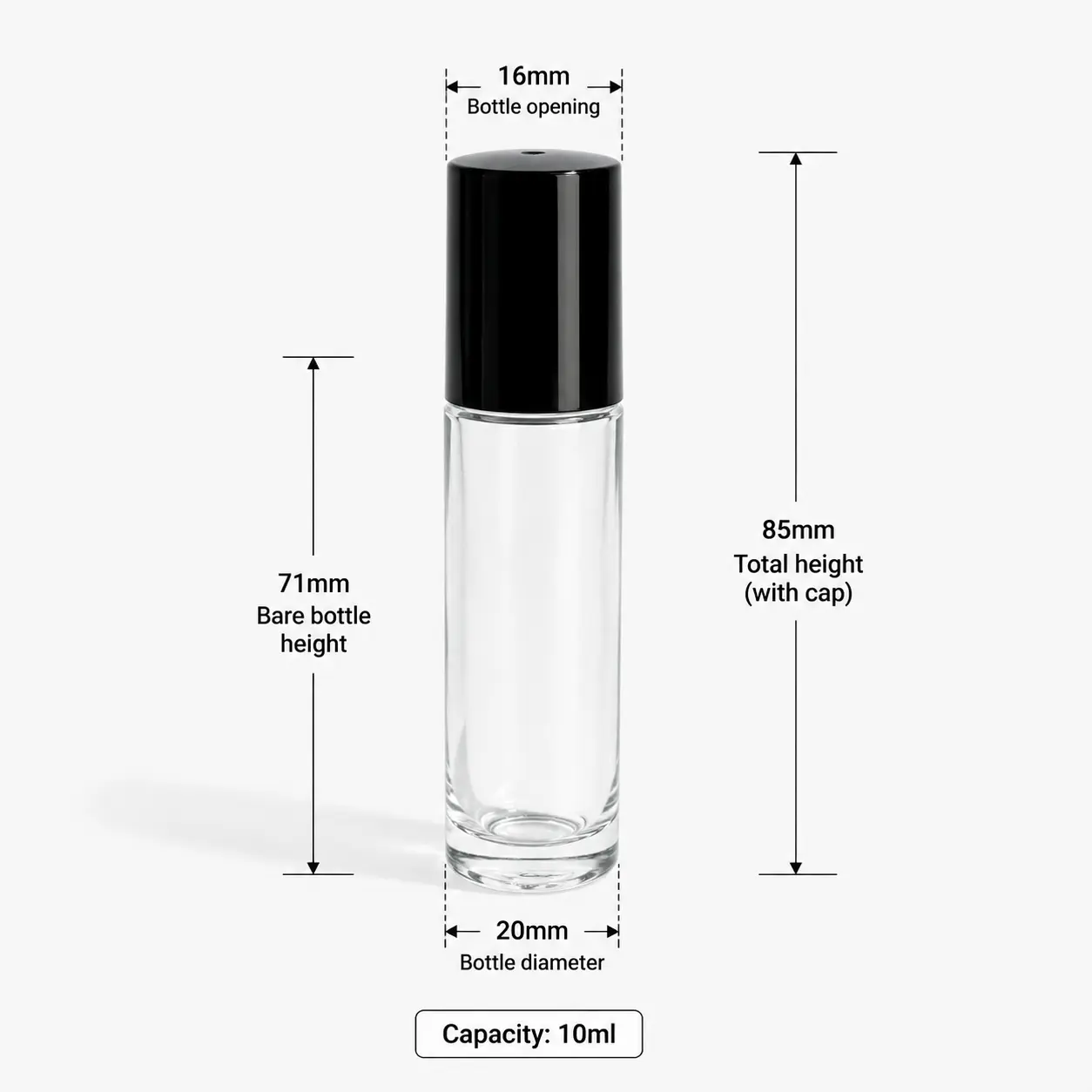 10ml Clear Glass Roll On Perfume Bottle Dimensions and Capacity 10ml clear glass roll on perfume bottle dimensions showing 16 mm width 85 mm capped height 71 mm bottle height and 10ml capacity