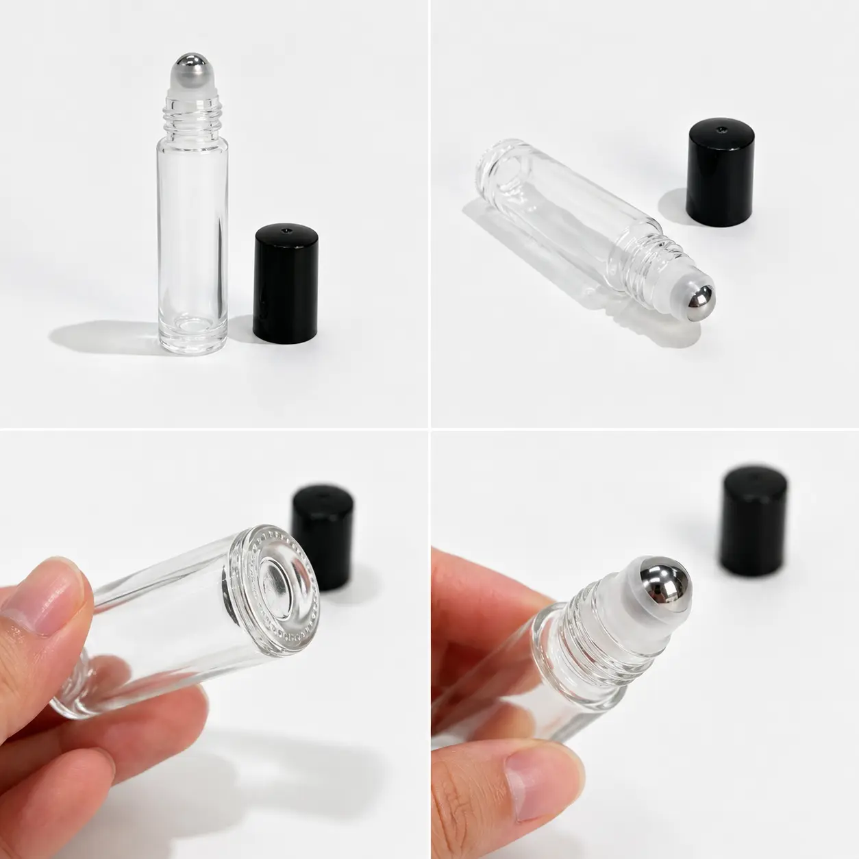 10ml Clear Glass Roll On Perfume Bottle Component Details 10ml clear glass roll on perfume bottle detail views showing bottle roller applicator cap and component structure