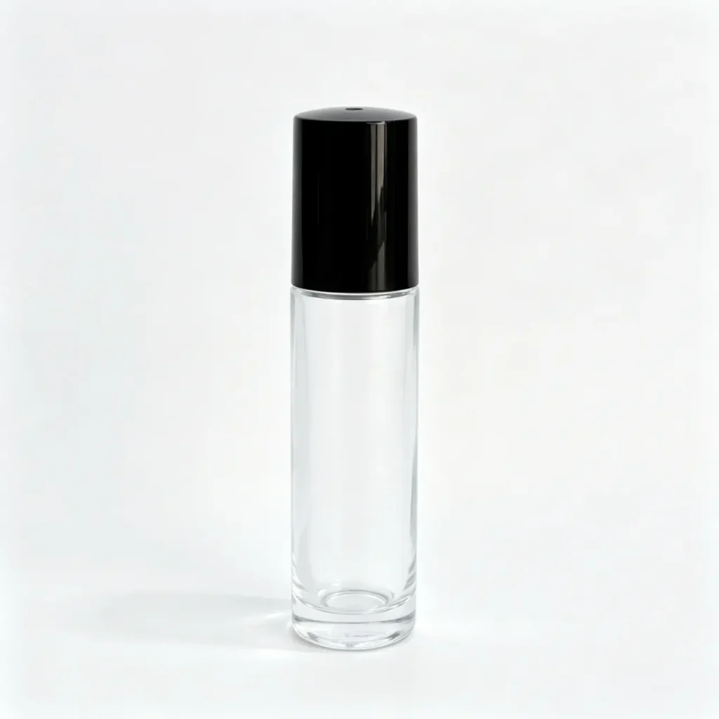 10ml clear glass roll on perfume bottle shown upright with roller applicator and matching cap