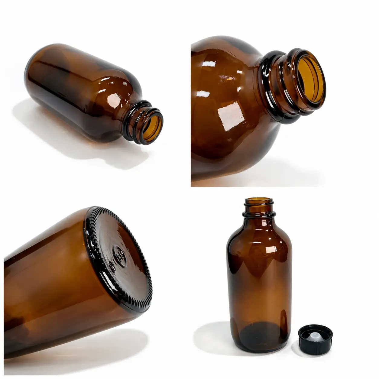 120ml-Amber-Boston-Round-Bottle-Detail-Views 120ml amber Boston round bottle four-view detail showing bottle structure and black closure components