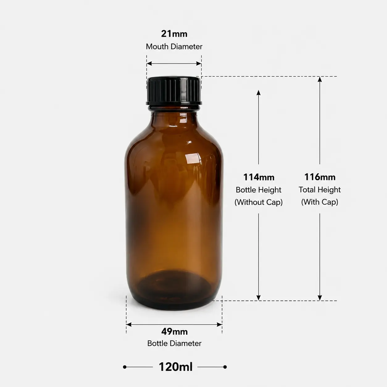120ml-Amber-Boston-Round-Bottle-Dimensions-And-Capacity 120ml amber Boston round bottle dimensions showing 49 mm width and 116 mm overall height with cap
