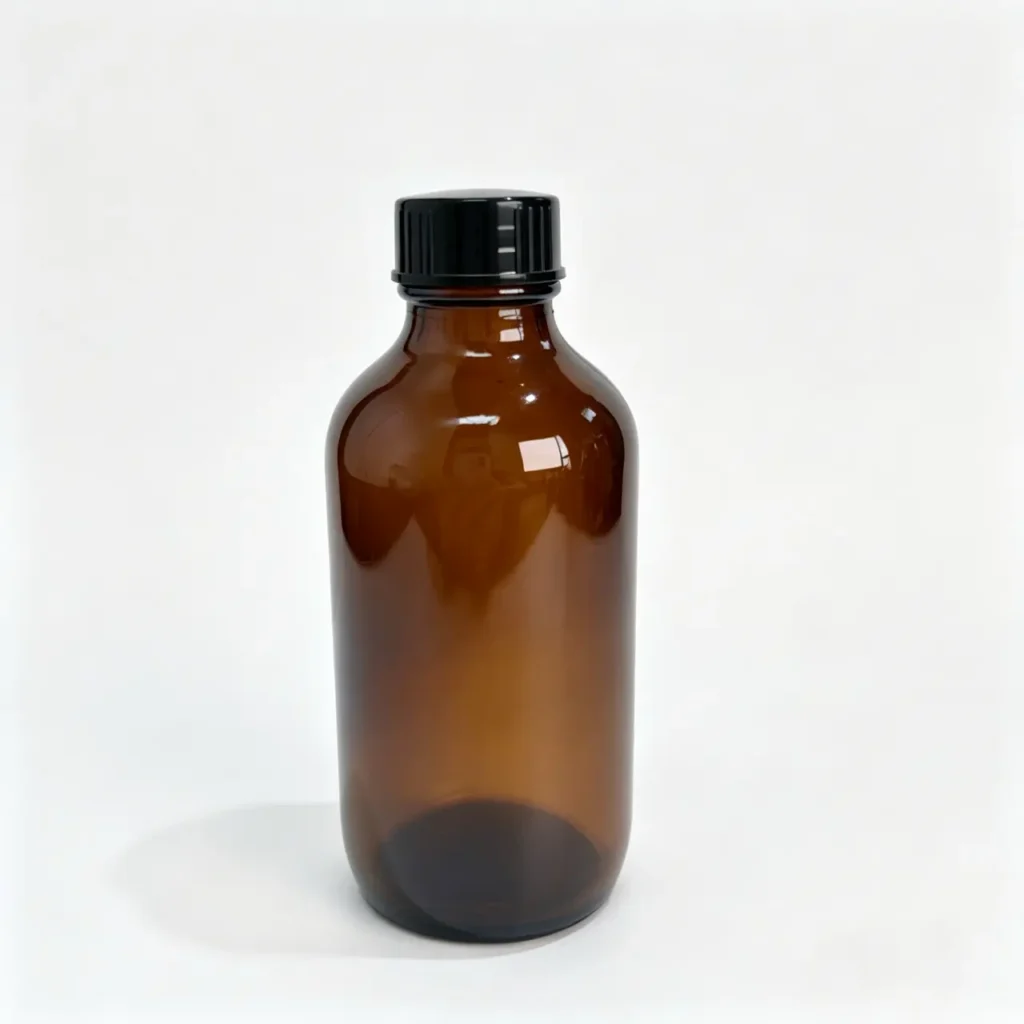 120ml amber Boston round bottle with black screw cap shown from the front