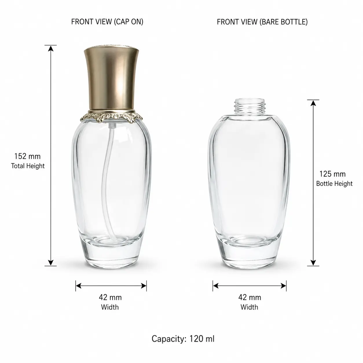 120ml Empty Lotion Pump Bottle Dimensions and Capacity 120ml empty lotion pump bottle dimension reference showing 42 mm bottom width, 152 mm overall height and 120ml capacity