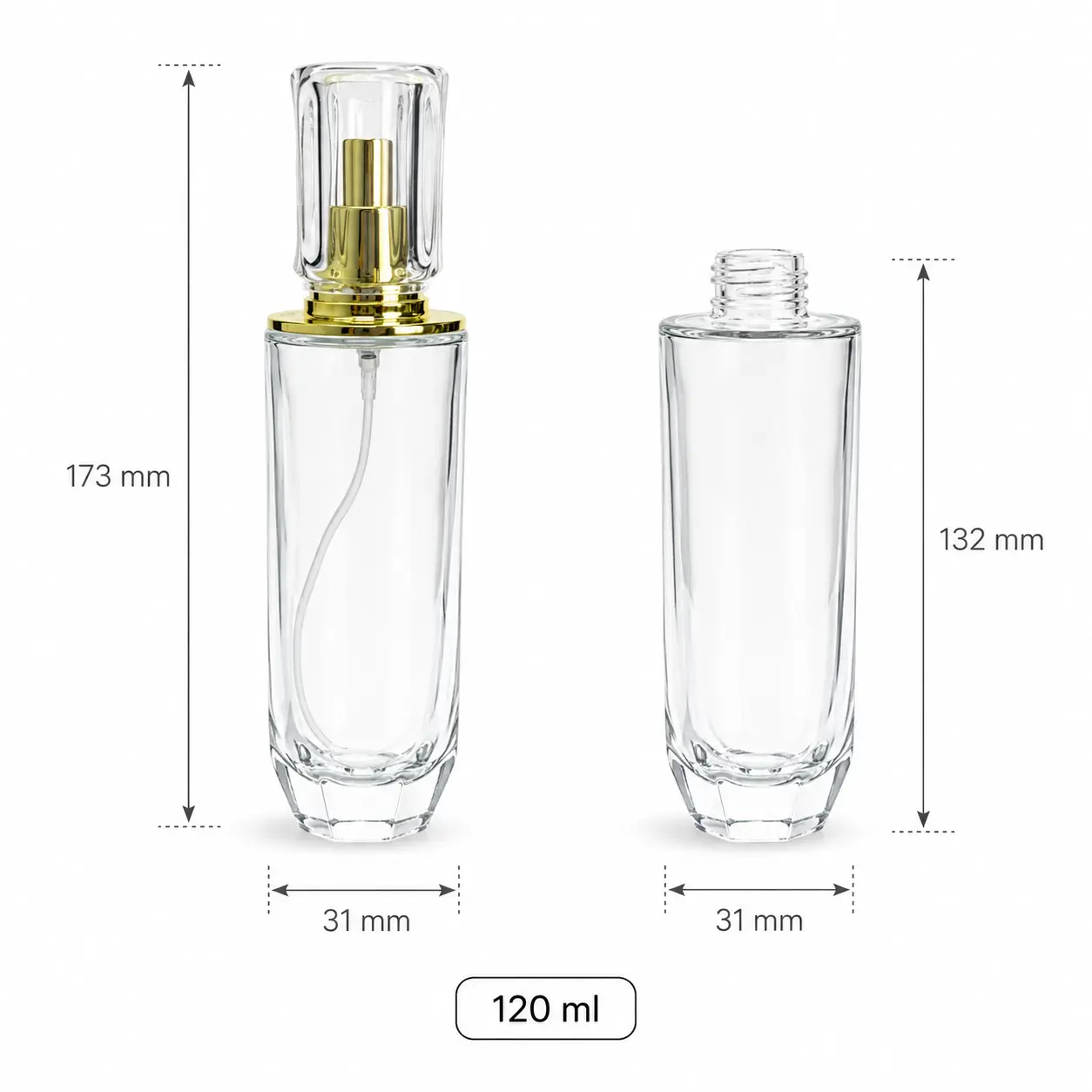 120ml Face Toner Spray Bottle Dimensions and Capacity 120ml face toner spray bottle dimensions showing 31mm diameter, 173mm overall height and 132mm bottle height without cap