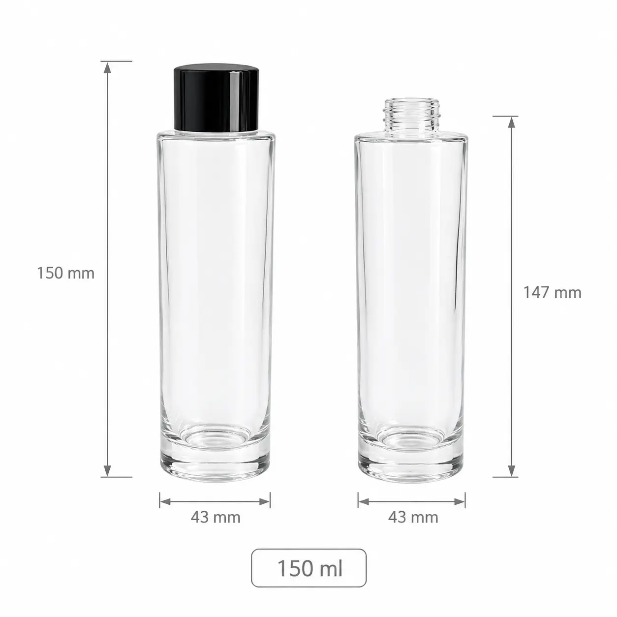 150ml glass facial toner bottle dimensions showing 43mm diameter and 150mm overall height