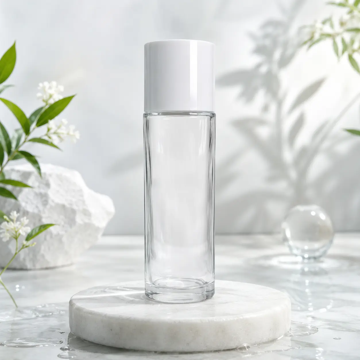 150ml glass facial toner bottle displayed in a skincare packaging scene