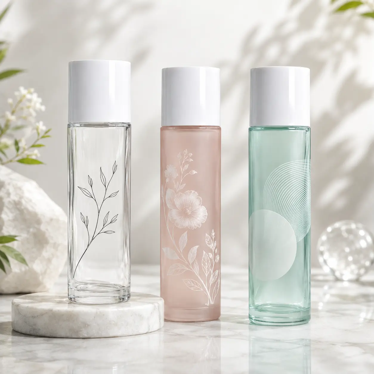 150ml glass facial toner bottles showing different printing and color customization references