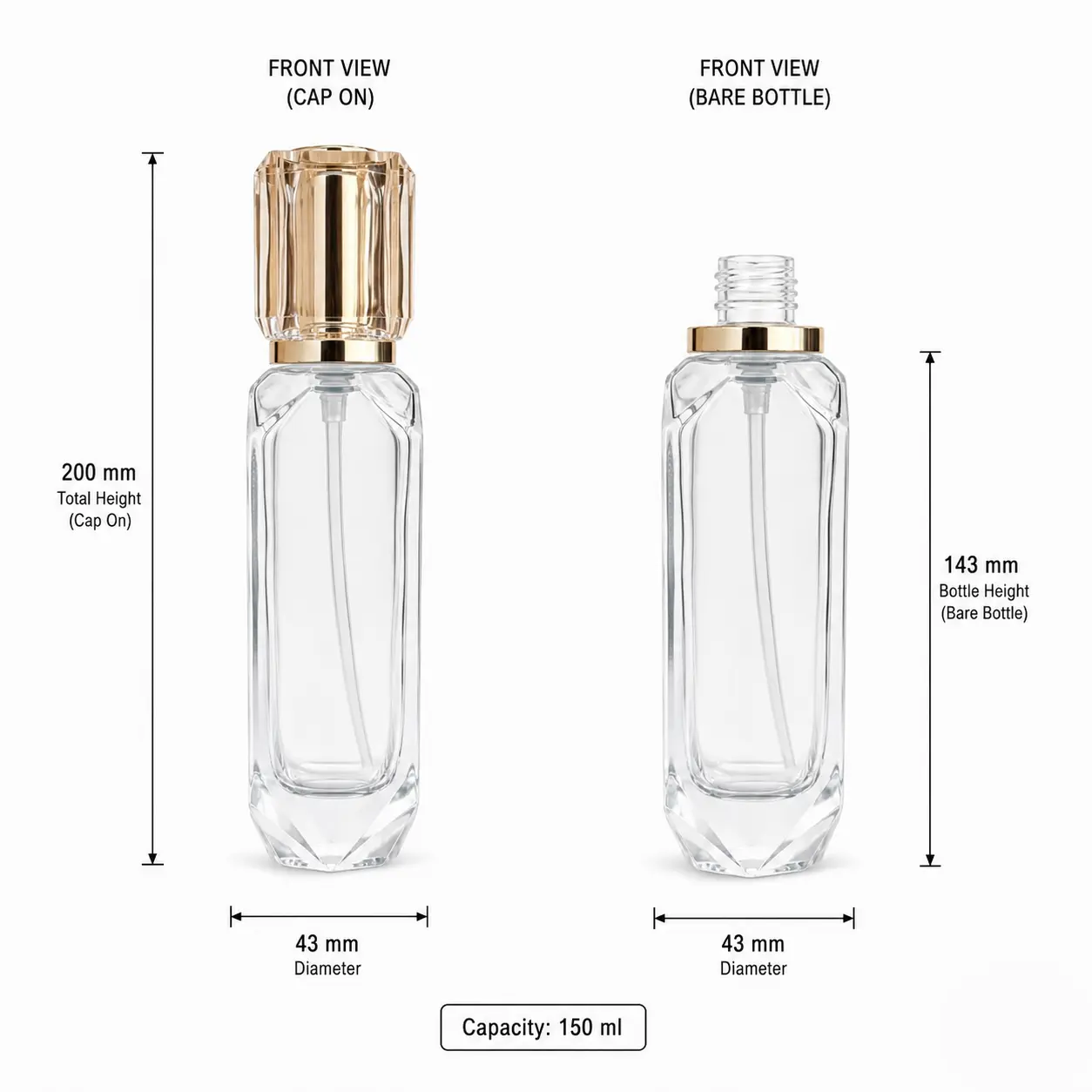 150ml Glass Lotion Pump Bottle Dimensions and Capacity 150ml glass lotion pump bottle dimensions showing 43 mm bottom width, 200 mm overall height and 143 mm bottle height without cap