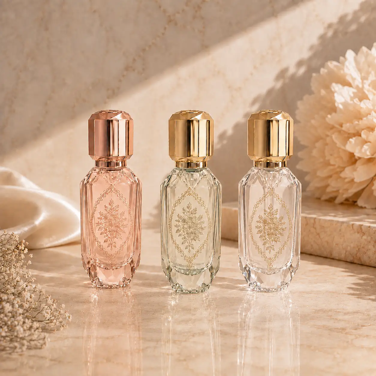 150ml Glass Lotion Pump Bottle Printing Color Reference 150ml glass lotion pump bottles showing different printing colors and decorative customization references
