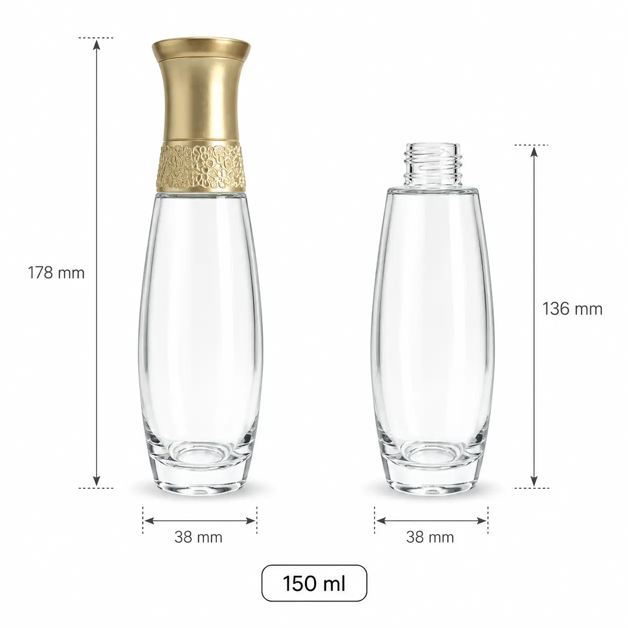 150ml glass toner bottle dimensions showing bottle height and capacity details