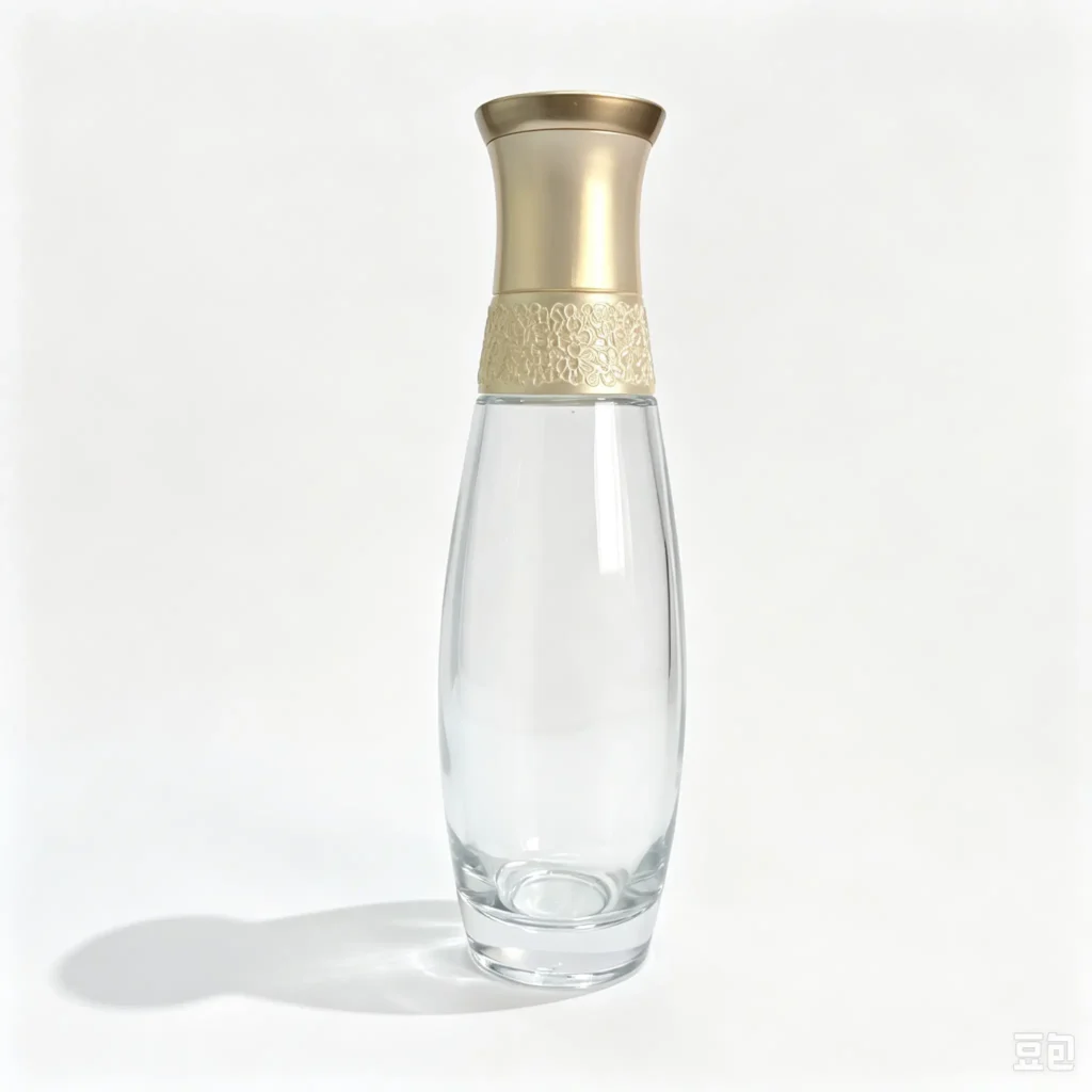 Front view of the complete 150ml glass toner bottle with matching closure components