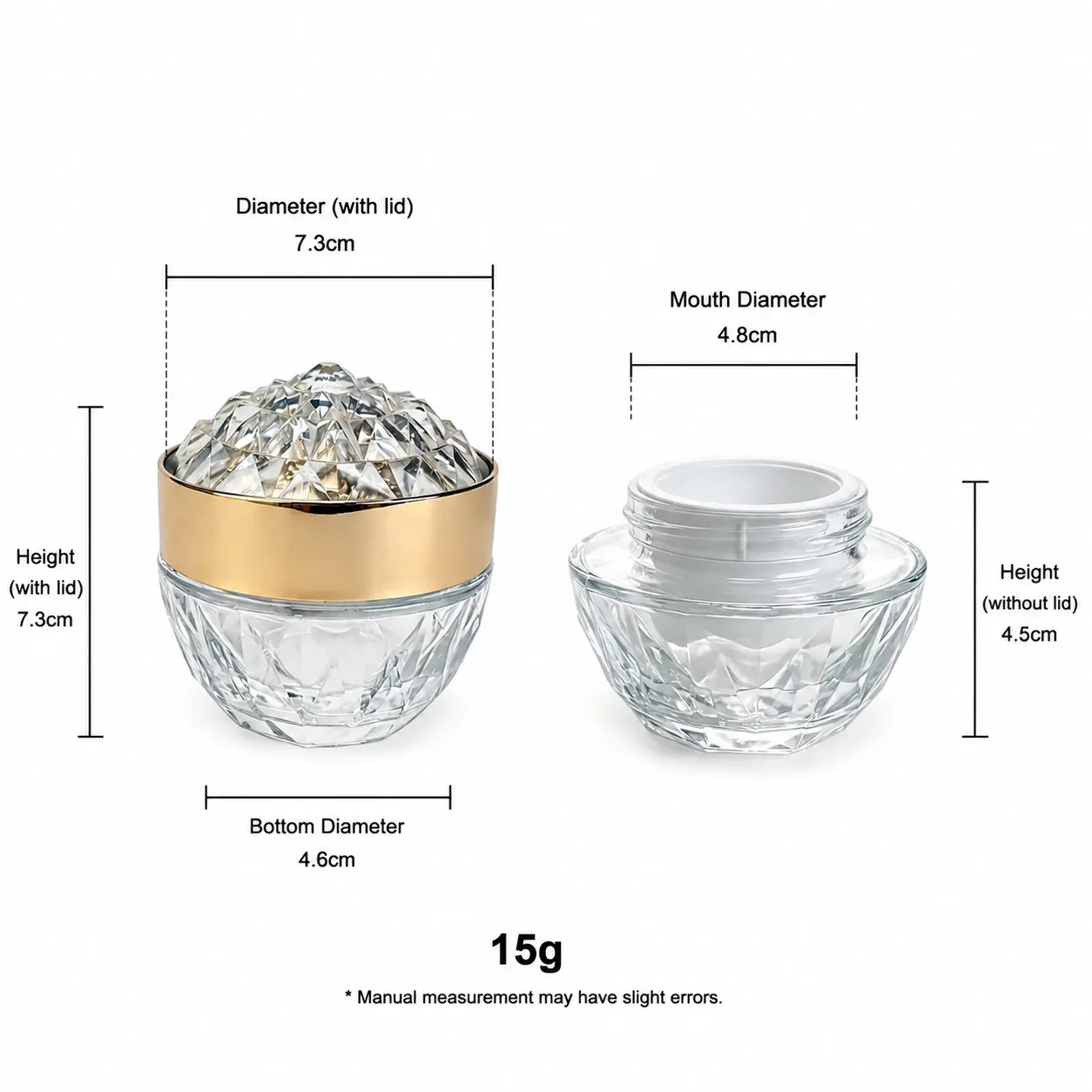 15g Glass Cosmetic Cream Jar Dimensions and Capacity 15g glass cosmetic cream jar dimension reference showing 48 mm opening diameter, 56 mm bottom diameter and 73 mm overall height