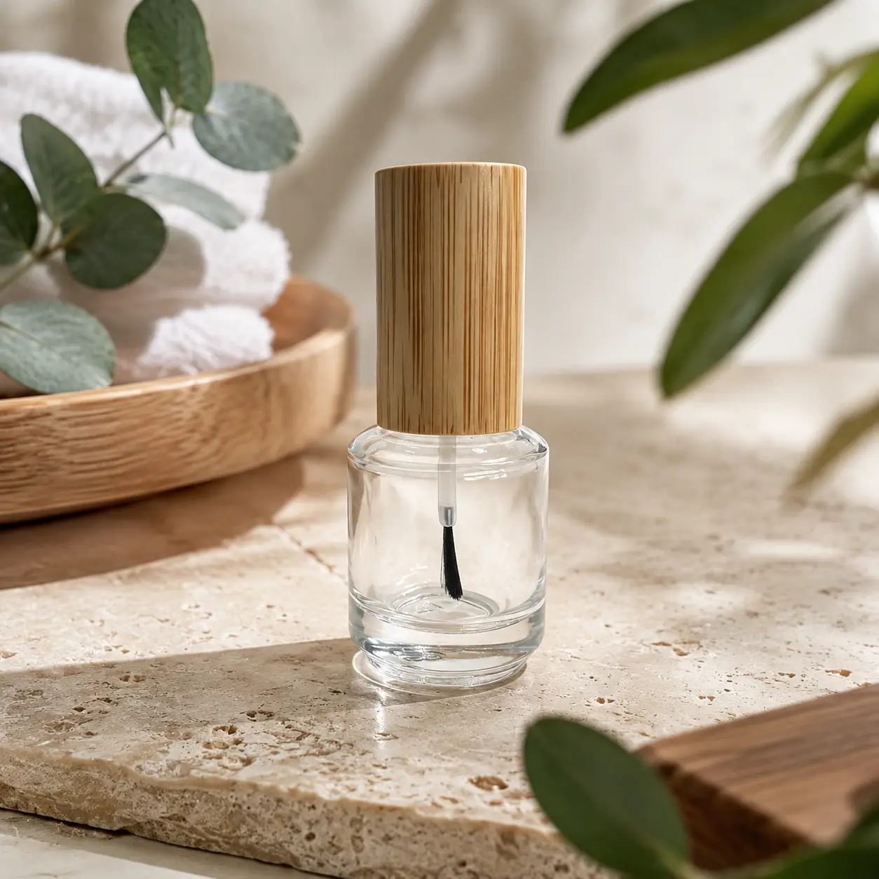15ml custom glass nail polish bottle displayed in a branded cosmetic packaging scene