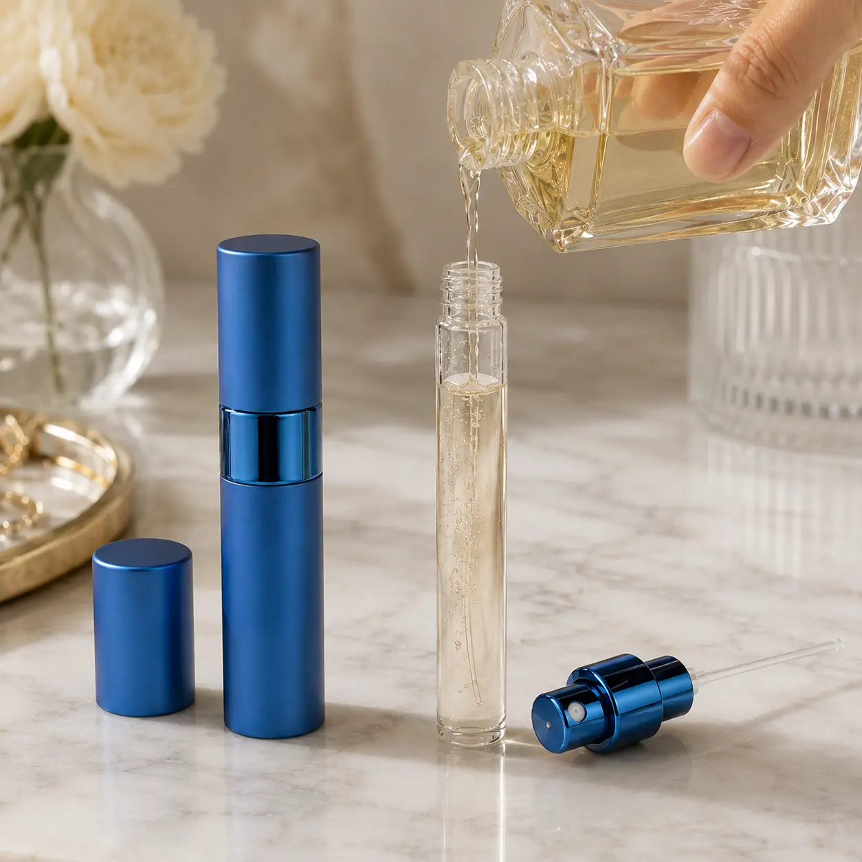 15ml Cylindrical Portable Perfume Atomizer Packaging Scene 15ml cylindrical portable perfume atomizer displayed in a travel fragrance packaging scene with compact ABS outer housing