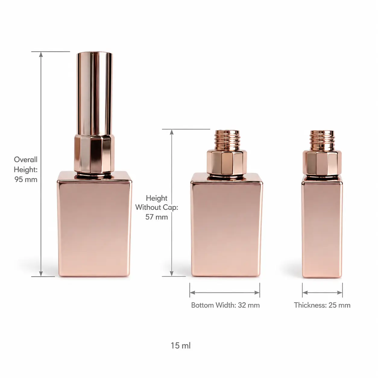 15ml empty nail polish bottle dimensions showing 32 mm bottom width, 25 mm thickness, 95 mm total height, and 57 mm bottle height without cap