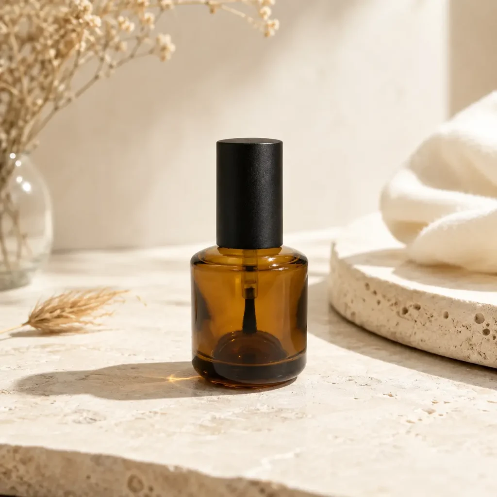 15ml empty nail polish bottle displayed in a styled packaging scene for cosmetic and nail product presentation