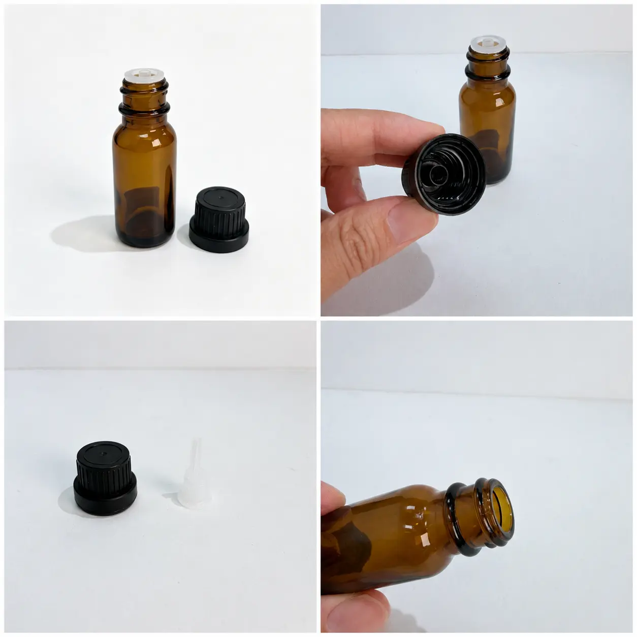 15ml Euro Dropper Essential Oil Bottle Detail Views Four detailed views of the 15ml Euro dropper essential oil bottle showing the body, threaded neck, cap, and component structure