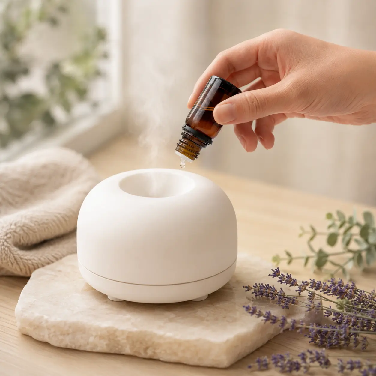 15ml Euro Dropper Essential Oil Bottle Diffuser Use 15ml Euro dropper essential oil bottle dispensing oil above an aroma diffuser in a usage scene