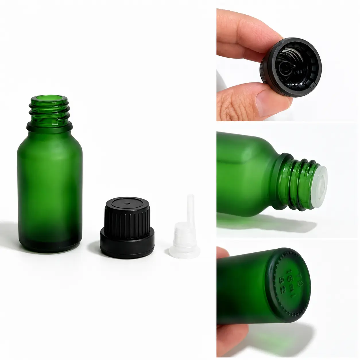 15ml Frosted Green Euro Dropper Essential Oil Bottle Detail Views Detailed views of the 15ml frosted green Euro dropper essential oil bottle showing the threaded neck, bottle body, base, and black cap